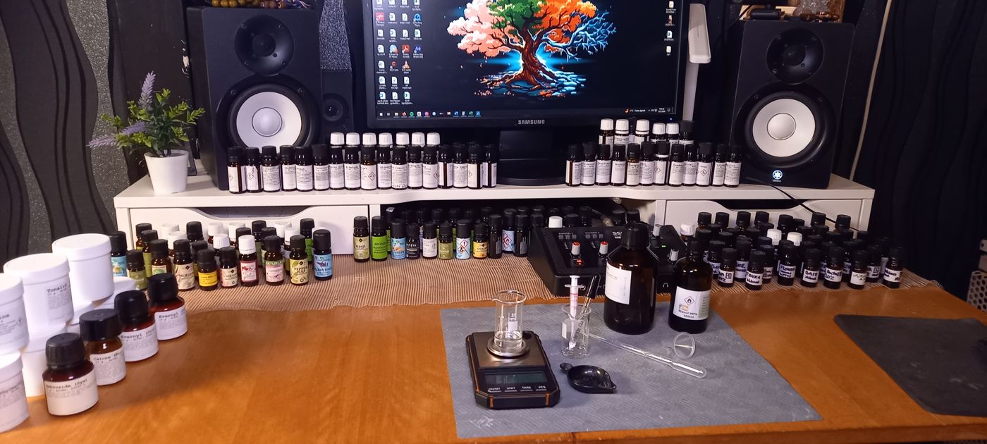 The workshop table with raw materials and a scale
